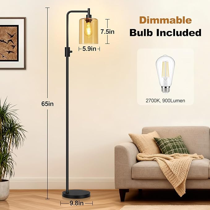 【Upgraded】Dimmable Floor Lamps for Living Room with Amber Glass Shade, Modern Industrial Floor Lamp with 900LM Bulb Included, Glass Standing Tall Lamp for Bedroom, Office, Reading Room, Corner, Black