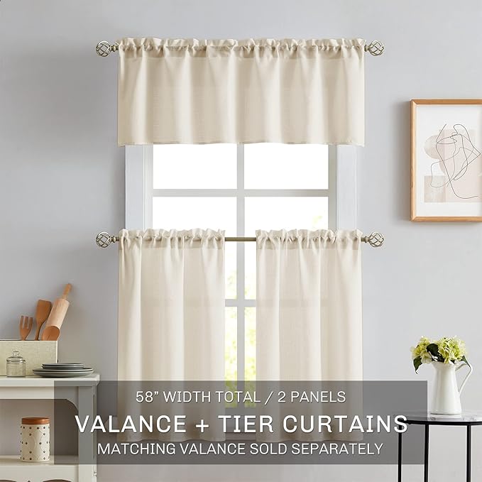 Melodieux Beige Semi Sheer Tier Curtains 45 Inch Length for Kitchen Cafe Bedroom Small Windows, Linen Look Rod Pocket Short Curtain Tiers Voile Drapes, 2 Panels