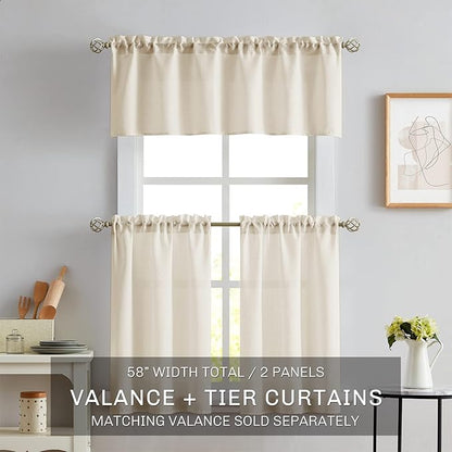 Melodieux Beige Semi Sheer Tier Curtains 45 Inch Length for Kitchen Cafe Bedroom Small Windows, Linen Look Rod Pocket Short Curtain Tiers Voile Drapes, 2 Panels