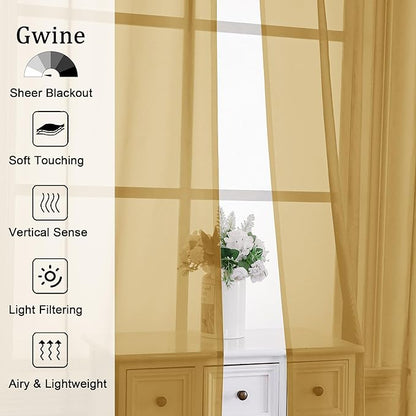 Gwine Gold Sheer Curtains 63 Inch Length for Living Room 2 Panels, Light Filtering Rod Pocket Window Curtain Treatment for Bedroom, Voile Elegant Sheer Drapes，Each 42" Wx63 L, Gold