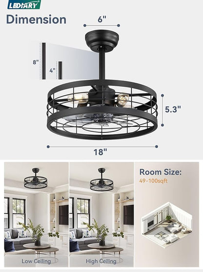 LEDIARY 18 inch Black Caged Ceiling Fan with Light, Bladeless Industrial Ceiling Fan with Remote, Farmhouse Fan Lights Ceiling Fixtures for Kitchen, Bedroom, Outdoor（6 Speed, Timing）-Black