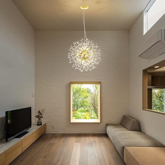 Modern Dandelion Firework Chandelier, Gold Dining Room Chandelier, Crystal Hanging Pendant Lighting Fixture for Living Room, Bathroom, Bedroom, Entryway, 12-Light