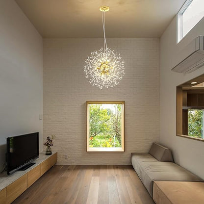 Modern Dandelion Firework Chandelier, Gold Dining Room Chandelier, Crystal Hanging Pendant Lighting Fixture for Living Room, Bathroom, Bedroom, Entryway, 12-Light