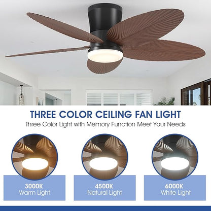Surtime Palm Leaf Ceiling Fans with Lights-42 Tropical Ceiling Fan with Light and Remote/APP Control,Flush Mount Low Profile Ceiling Fans for Bedroom,Indoor/Outdoor Patio Use(Brown)
