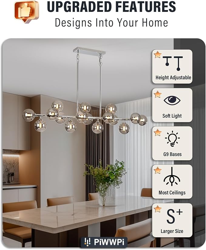 55 Inch Long Chandeliers for Dining Room Kitchen Island, Large Globe Sputnik Linear Chandelier, 16 Lights Mid Century Modern Light Fixture Over Table, Chrome and Smoke Grey Bubble, GC-08
