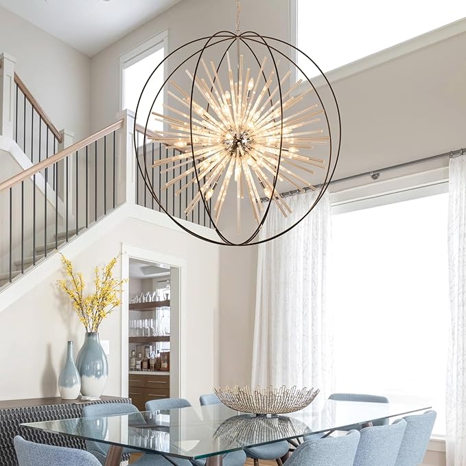 Vezzio 52" Large Globe Chandeliers for High Ceilings 32-Light Modern Black Crystal Chandelier Pendant Light Fixture for Entryway, Foyer, Stairway, Kitchen, Dining, Living Room