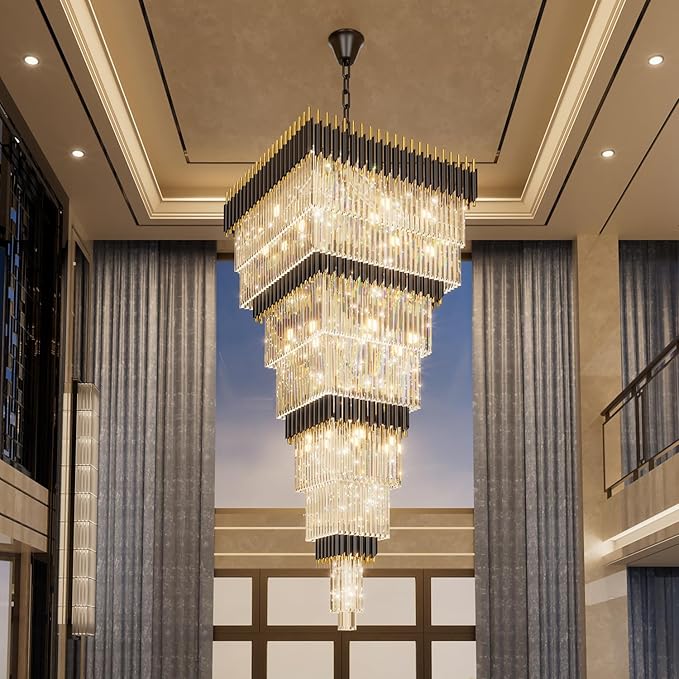 W32in x H94.5in Large Black Gold Crystal Chandelier,Square Crystal Raindrop Chandelier High Ceiling Pendant Light for Entrance Villa Foyer Ceiling Lighting Fixtures
