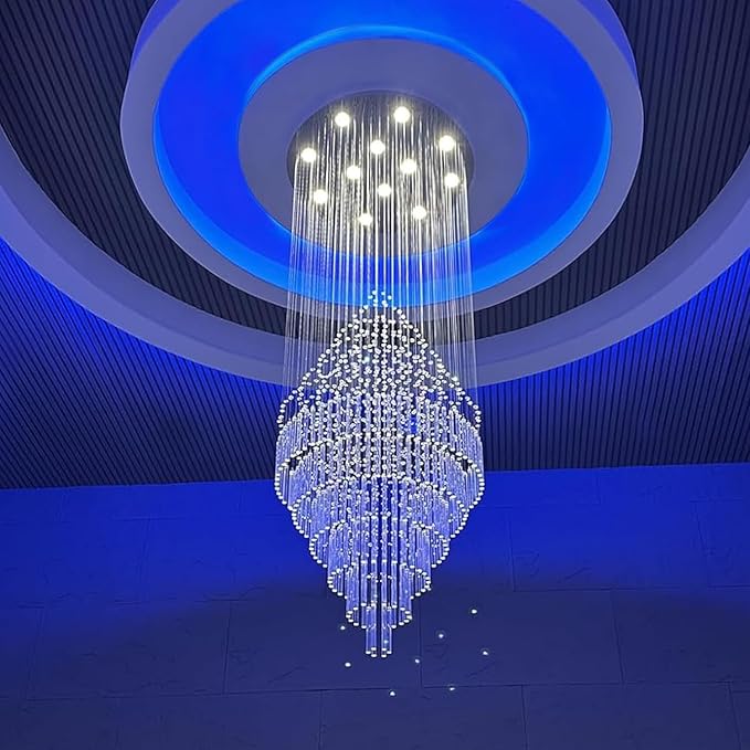 Luxury Large Foyer Chandelier, Modern 12-Lights Round Raindrop Crystal Chandeliers High Ceiling Flush Mount Light Fixtures for Hallway, Entryway, Stairs,Front Entrance D31.5 X H86.7 of CRYSTOP