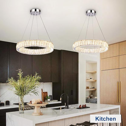 Depuley Modern LED Crystal Chandeliers: 19.7" Ring Chandelier Hanging Crystal Ceiling Light Fixture - 30W Adjustable Height Pendant Light for Living Room Dining Room Bedroom Foyer