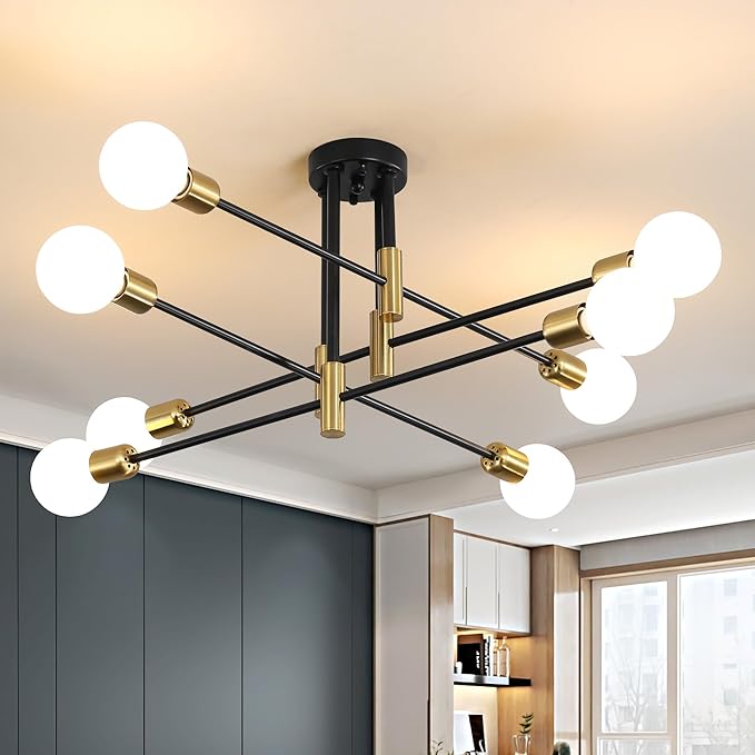 Sputnik Chandelier Mid Century Modern Nordic Pendant Lighting 8 Lights Ceiling Light Fixture Black Light for Living Room, Kitchen, Bedroom, Dining Room