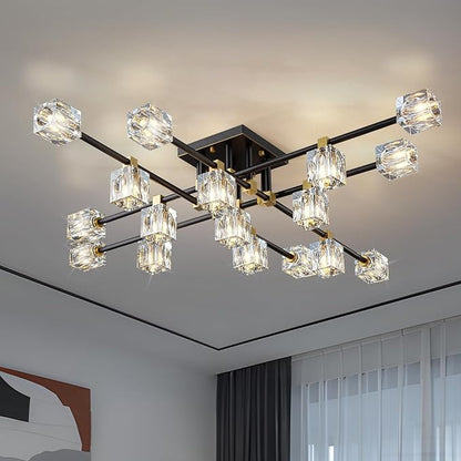 Crystal Sputnik Ceiling Light Fixture，Modern Luxury Black and Gold Chandeliers with 17-Light，Semi Flush Mount Ceiling Light Fixture for Dining Room,Living Room,Kitchen Island,Bedroom.