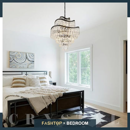 7-Tier 12 Lights Black Crystal Chandelier 20" Modern K9 Crystal Pendant Chandelier Light Fixture Luxury for Living Room Dining Room Bedroom Kitchen Foyer Entryway, E12