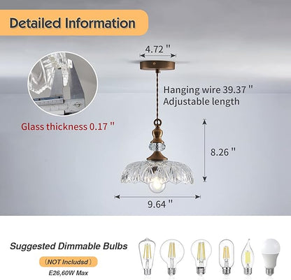 CVKASH Vintage Glass Pendant Light Fixture Brass Modern Adjustable Chandelier Farmhouse Hanging Light for Hallway Porch Kitchen Bedroom Coffee Shop Dining Room Island