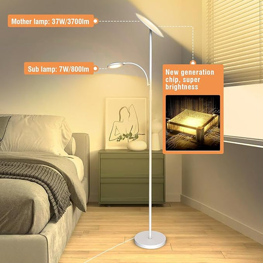 marctronic White Floor Lamps for Living Room, 44W/4500LM Super Bright 2 in 1 LED Floor Lamp with Remote, Stepless Dimmable, 69" Tall Standing Floor Lamp with Bendable Reading Light for Bedroom Office