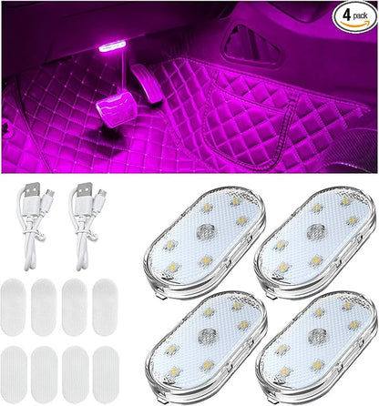 KVAEY 4 PCS Car LED Lights Interior Wireless, 7 Colors Magnetic Auto Ambient Light with 6 Bright LED Lamp Beads, Portable USB Rechargeable Vehicle Interior Led Night Light (Pink, Sticky, 4pcs)