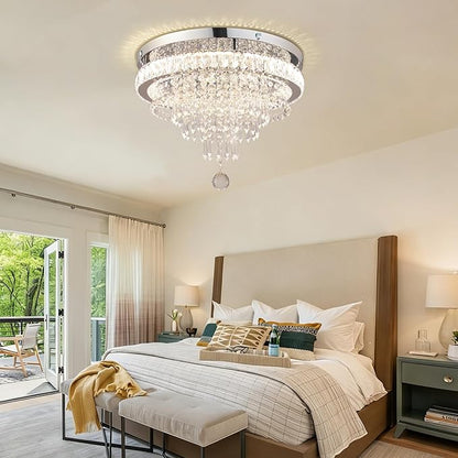 FRIXCHUR 19.7" Crystal Chandelier Crystal Ceiling Light Modern LED Flush Mount Chandeliers Light Fixture for Bedrooms Living Dining Room 2700K/4000K/6500K Changeable Color