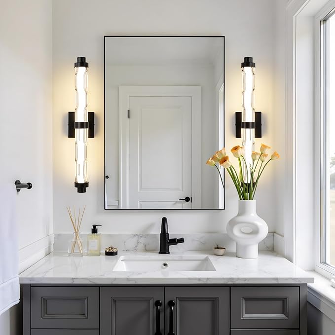 23.6" Black Wall Sconce, Modern Bathroom Vanity Light with Ripple Glass Shade, 5CCT Dimmable LED Wall Lighting 20W for Bedroom, Living Room, Hallway
