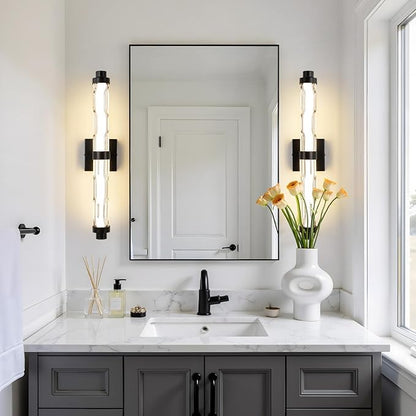 23.6" Black Wall Sconce, Modern Bathroom Vanity Light with Ripple Glass Shade, 5CCT Dimmable LED Wall Lighting 20W for Bedroom, Living Room, Hallway