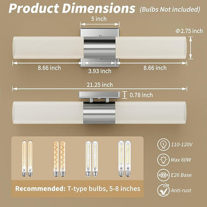 Kalium Bathroom Wall Sconce Fixture, 21 Inch Modern Vanity Lights with Frosted Glass Shade, Indoor Sconces Lighting Wall Decor Lamps for Bathrooms Living Room Stairs Bedroom (Silver)