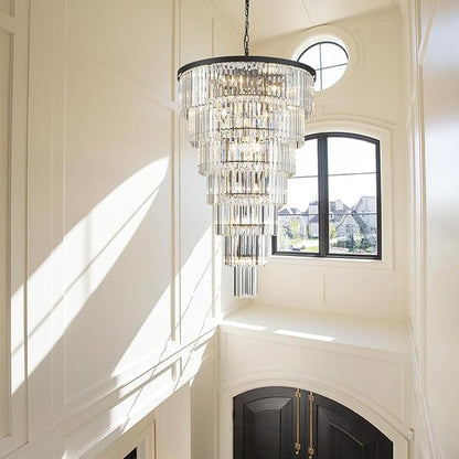 Large Long Black Crystal Chandelier, 47-inch Height, 7-Tier Modern Round Light Fixtures for Entryway, Foyer
