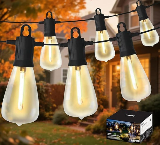LED Outdoor String Lights 100FT, Waterproof Patio Lights with 52 (50+2 Spare ST38 Shatterproof Replaceable Bulbs), Connectable Dimmable Outside Hanging Light for Porch Garden Deck Bistro Backyard