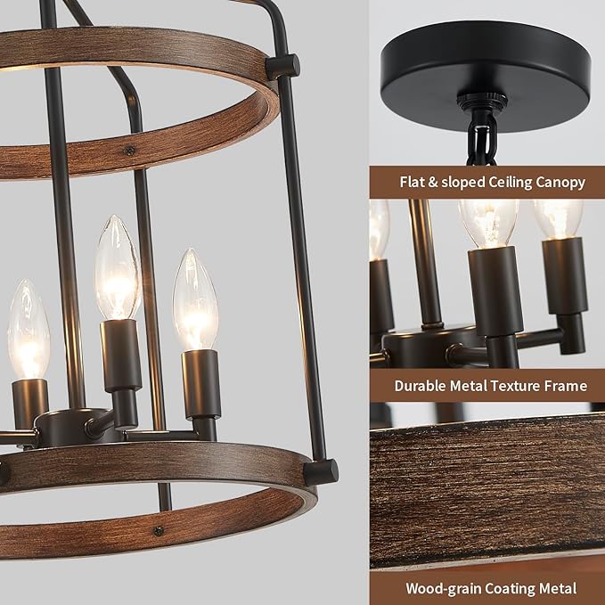 Modern Black Chandelier, 4-Light Farmhouse Dining Room Light Fixture Over Table, Muted Black with Retro Wood Texture Shade, Rustic Cage Hanging Pendant Lighting for Hallway Entryway Kitchen Bedroom