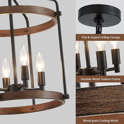 Modern Black Chandelier, 4-Light Farmhouse Dining Room Light Fixture Over Table, Muted Black with Retro Wood Texture Shade, Rustic Cage Hanging Pendant Lighting for Hallway Entryway Kitchen Bedroom