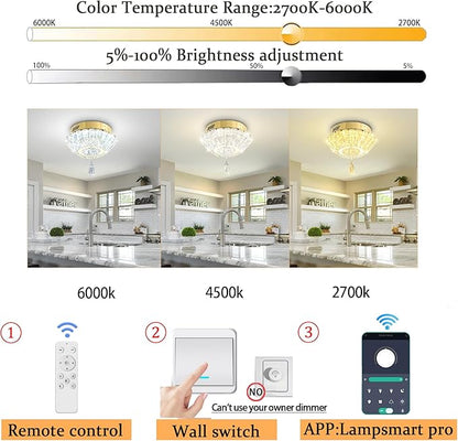11.8" Mini Gold Crystal Chandelier LED Modern Flush Mount Ceiling Light for Hallway,Bedroom, Kitchen,