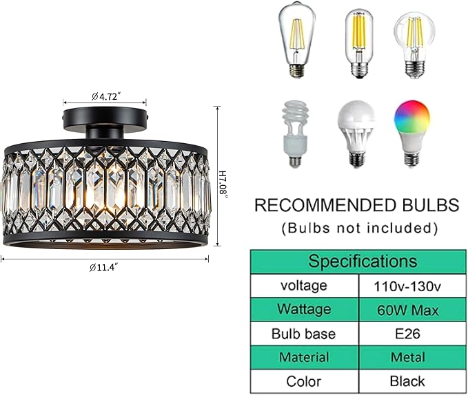 Rpzloila Crystal Ceiling Light Fixture, Modern Flush Mount Ceiling Light, Black Crystal Chandelier for Kitchen Bedroom Bathroom Entryway Hallway