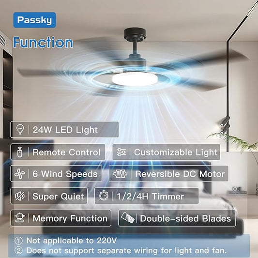 Passky Ceiling Fans with Lights, 60 inch Sleek Ceiling Fan with Light and Remote Control, 3CCT, Dimmable, Reversible, Noiseless, Black Ceiling Fan for Bedroom, Living Room