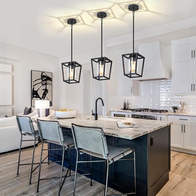 2 Pack Black Pendant Lights Kitchen Island, Modern Glass Kitchen Pendant Lighting Over Island Farmhouse Kitchen Hanging Light Fixtures for Dining Room Bathroom Hallway Foyer Lighting