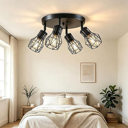 4-Light Black Farmhouse Flush Mount Ceiling Light, Industrial Rustic Black Light Fixture, Adjustable Overhead Lighting for Kitchen, Dining Room, Hallway, Entryway, Bedroom, Laundry Room