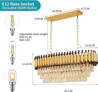 Depuley 31" Crystal Rectangle Chandelier: 3-Tier Gold Glass Crystal Chandelier Island Light Fixtures for Dining Room - 8-Light Linear Pendant Light for Kitchen Island Included Bulbs