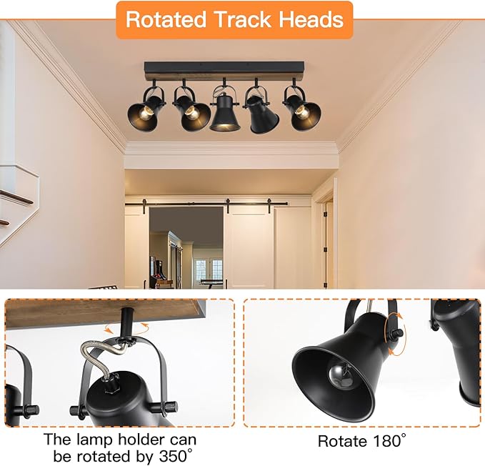 5-Light Track Light Fixtures, Adjustable Ceiling/Wall Mount Spotlight, Industrial Black Kitchen Track Lighting for Living Room, Dining Room, Hallway, Bathroom