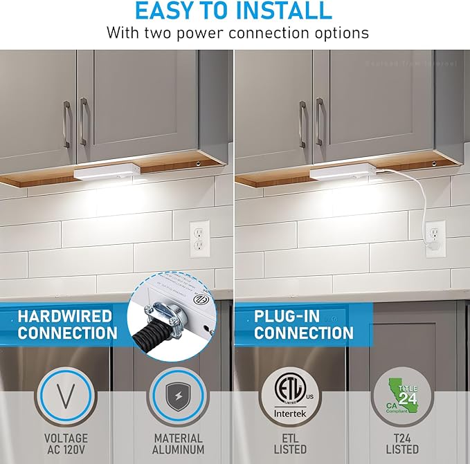 TORCHSTAR 4-Pack 8 Inch LED Under Cabinet Lighting 5CCT, ETL T24, 6W 450LM, Hardwired & Plug-in, 5 Color Selectable CRI90 120V Dimmable Under Counter Lights for Kitchen, White Aluminum Housing