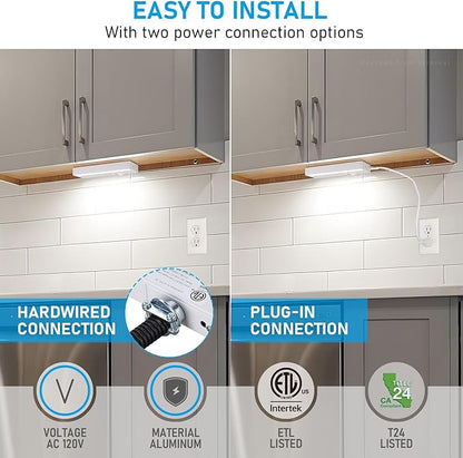 TORCHSTAR LED Under Cabinet Lighting 5CCT, 8 Inch 6W 450LM, Hardwired & Plug-in, 5 Color Selectable CRI90 120V ETL T24 Listed Dimmable Under Counter Lights for Kitchen, White Aluminum Housing, 2 Pack