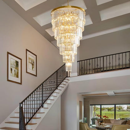 Crystal High Ceiling Chandelier Modern: 30" 7-Tiered Dimmable Staircase Chandeliers - Large Long Gold Hanging Pendant Light Fixture For Entryway Foyer Living Room - Round Flush Mount Ceilings Lights