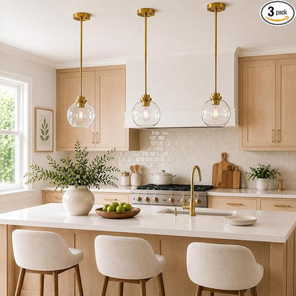 Gold Pendant Light, 7 Inch Clear Glass Farmhouse Hanging Fixture, Adjustable Height & Sloped Ceiling Compatible for Kitchen Island Dining Room Entryway Bedroom Hallway, 3 Pack