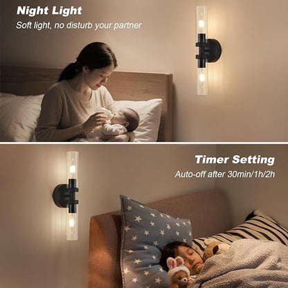 Battery Operated Wall Sconces Set of 2, 330° Rotation 3000K-6000K Dimmable Wireless Wall Sconce with Clear Glass Black 10400mAh USB Rechargeable Wall Lights with Remote Bulbs Included 2 Pack