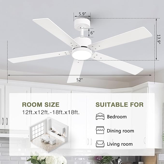 Ceiling Fans with Lights and Remote - 52 Inch Modern Cooling Fan with Noiseless Reversible DC Motor Timer White Ceiling Fan for Bedroom Living Room Dining room