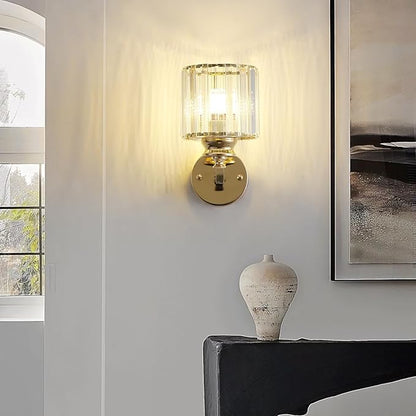 Hardwired Crystal Wall Sconces, Modern E27 Wall Lights, Gold Round Finish Wall Lamp for Living Room Bedroom Dining Room Hallway Entryway (Gold Round)
