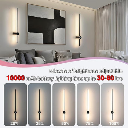 31.5 inch Battery Operated Wall Sconce Set Of 2, 10000mAh Rechargeable Wall Light With Remote Control, RGB Dimmable Wireless Sconces Wall Decor For Bedroom Living room Hallway, 360°Rotate, Black