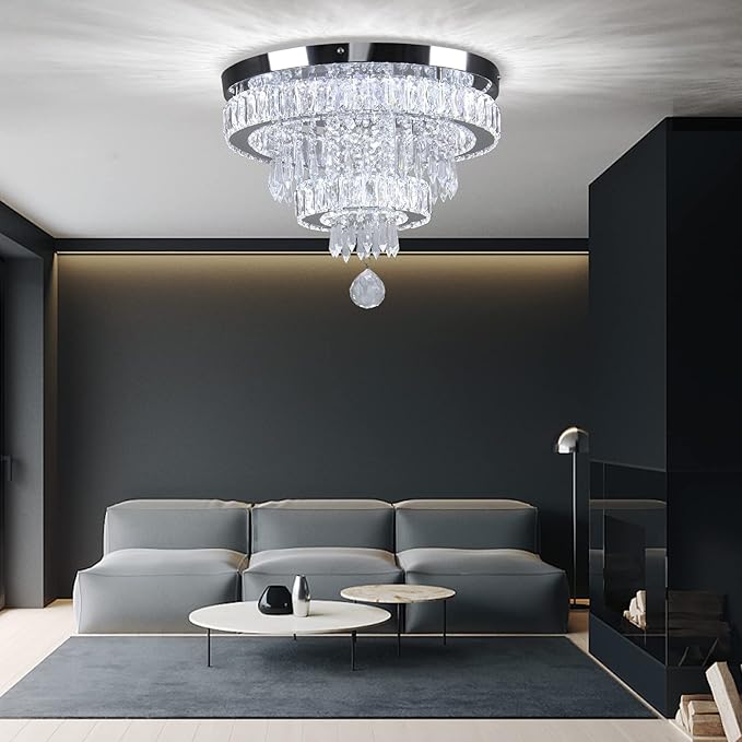 16" Crystal Chandeliers LED Crystal Ceiling Light Fixtures Flush Mount Ceiling Light Modern Chandelier Lights for Living Room Bedrooms Dining Room (6500K Cool White)