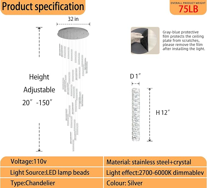150in Long Crystal Chandelier Large Spiral Stair Chandeliers for High Ceilings Foyer Entryway Flush Mount Ceiling Lights 36-Light Silver LED Dimmbale