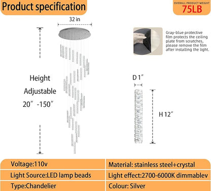 150in Long Crystal Chandelier Large Spiral Stair Chandeliers for High Ceilings Foyer Entryway Flush Mount Ceiling Lights 36-Light Silver LED Dimmbale