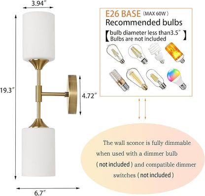 BYOLIIMA 2-Lights Gold Wall Sconce with White Cylinder Glass Shades Modern Mid Century Bathroom Vanity Wall Light Fixtures Industrial Brushed Brass Wall Lamp for Bedroom Mirror Living Room Restaurant