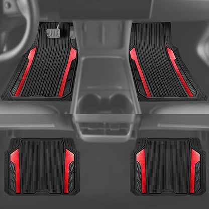 CAR PASS Heavy Duty Rubber Car Mats Metallic, Aluminum Film All Weather Floor Mats Waterproof Universal Trim to Fit Automotive SUV Sedan Van 4 Piece Anodized Deep Dish Two-Tone Sporty Black Red Chrome
