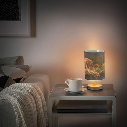 Octopus Marine Sea Life Wildlife Ocean Animal Table Lamp with Wood Base Fabric Lamp Shade Bedside Nightstand Desk Lamp for Living Room Bedroom Kids Room Office