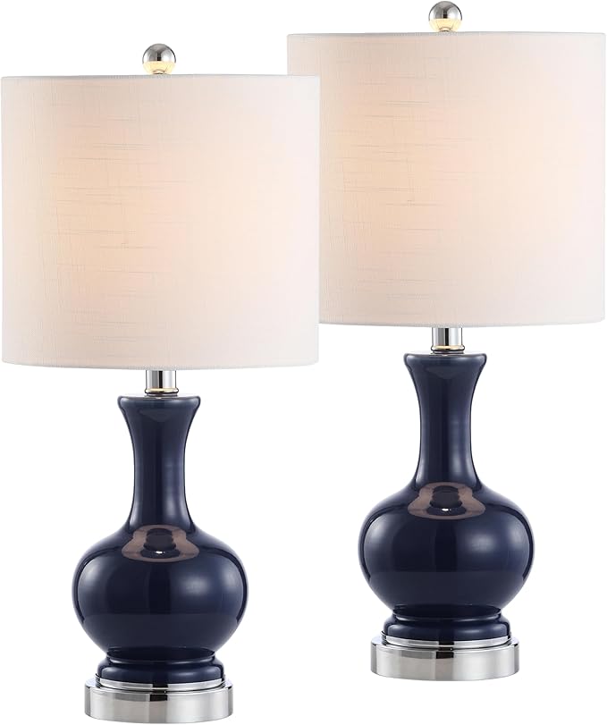 JONATHAN Y 21.5" Navy/Chrome Modern Glass Table Lamp Set of 2, Brass Gold Bedside Lamp with White Linen Shade for Bedroom Living Room, LED Bulbs Included (JYL4033C-SET2)