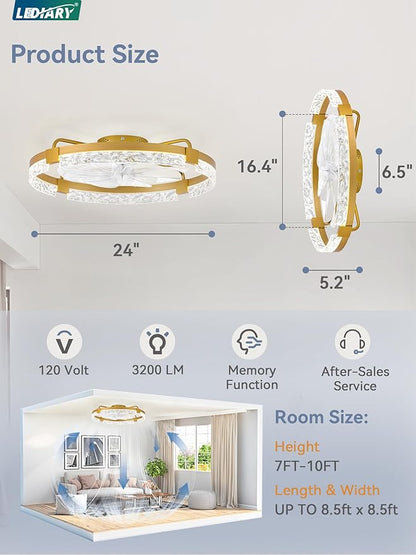 LEDIARY 2 Pack 24 Inch Low Profile Ceiling Fans with Lights and Remote, Fandelier Modern Ceiling Fan, 3000K-6000K Dimmable LED Fan Light, Gold Flush Mount Ceiling Fans with Lights for Bedroom